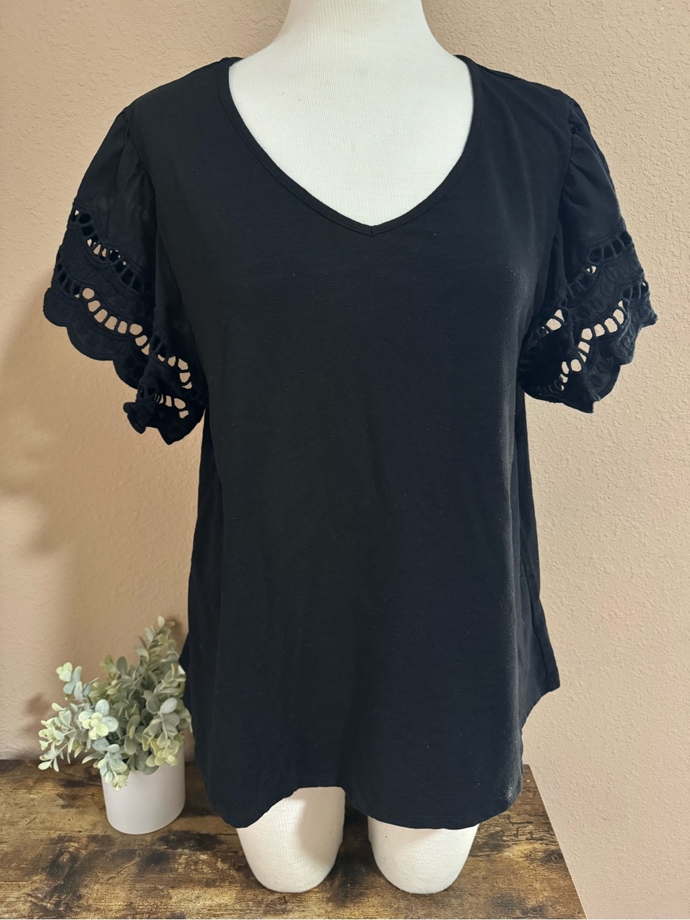 Black V-Neck Short Sleeve Top with Eyelet Flutter Sleeves